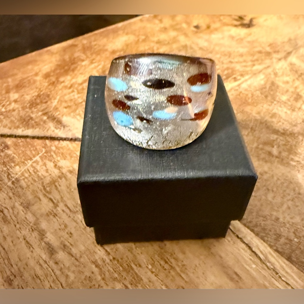 Vintage Blown Glass Bubble Ring, Gold/Black/Brown/Blue, Size 8.5